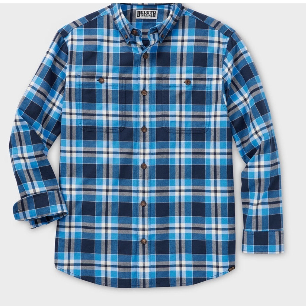 DULUTH Men's Free Swingin' Flannel Slim
Fit Shirt Item 64507 Sz L Blue Plaid - Picture 11 of 13